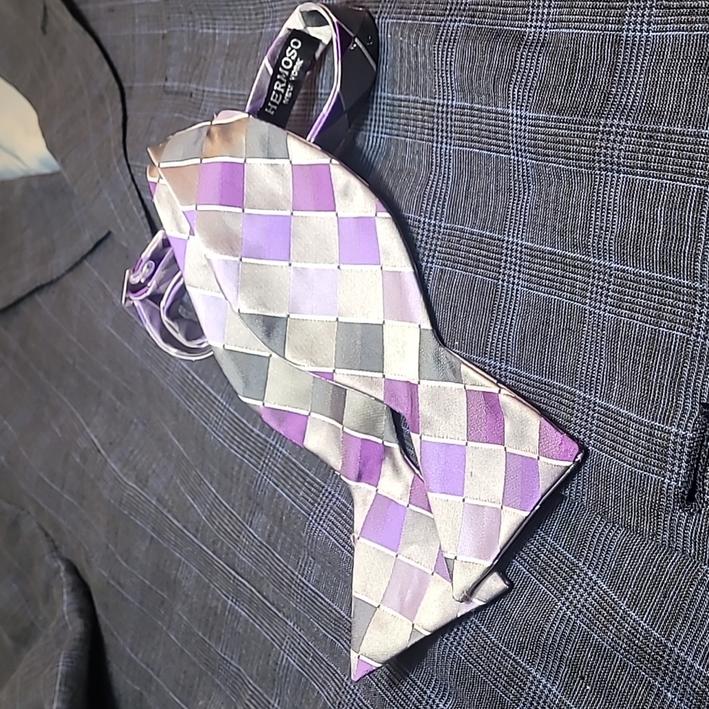Hermosa diamond pattern purple silver and grey silk bow tie